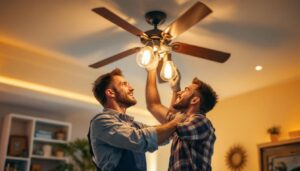 A photograph of a skilled lighting contractor installing a stylish light fixture on a ceiling fan in a modern home setting