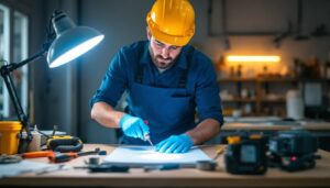 A photograph of a lighting contractor skillfully demonstrating the process of bypassing a ballast for led lighting