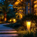 A photograph of a beautifully landscaped outdoor space illuminated by stylish contemporary solar lights during dusk