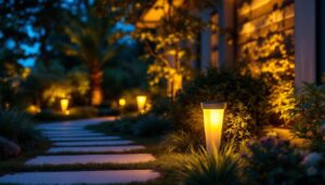 A photograph of a beautifully landscaped outdoor space illuminated by stylish contemporary solar lights during dusk