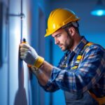 A photograph of a lighting contractor in action