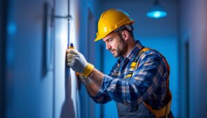 A photograph of a lighting contractor in action