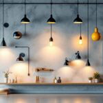 A photograph of a well-designed fixture wall showcasing various lighting options in a modern setting