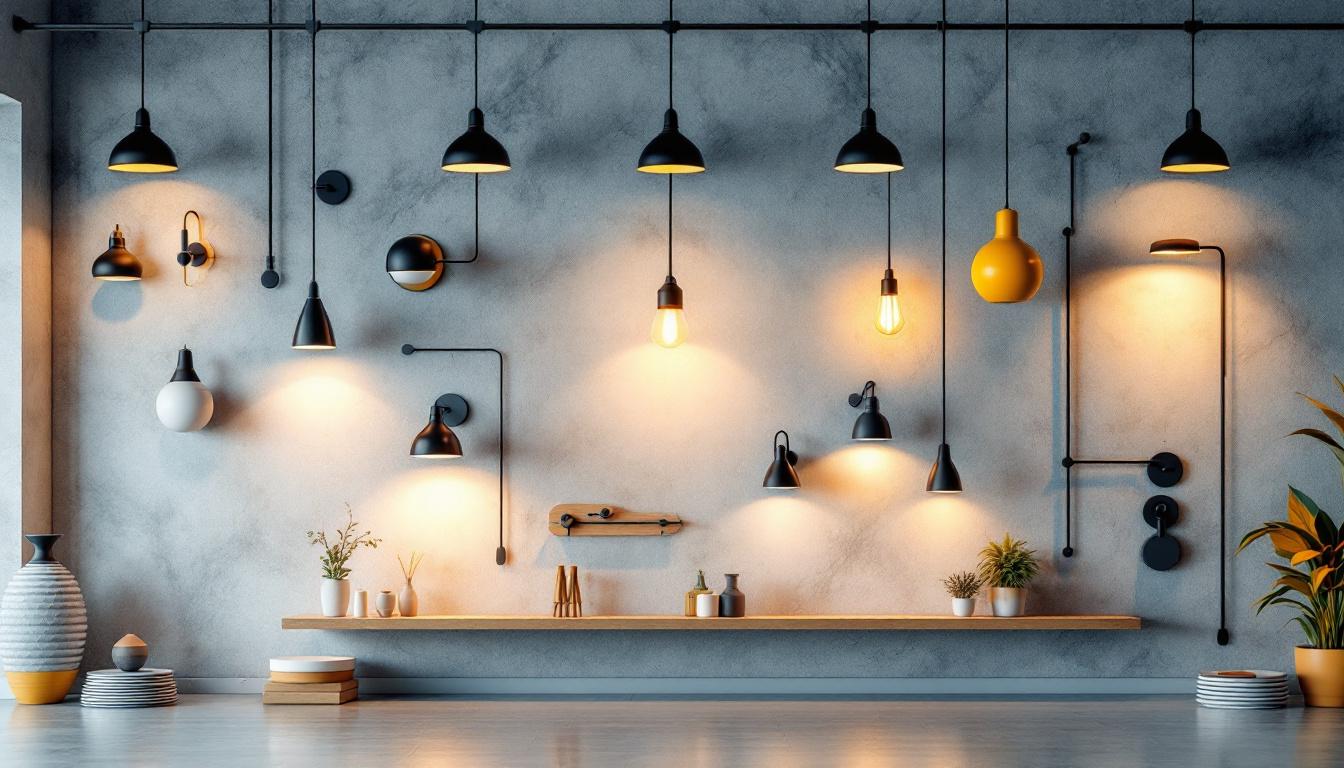 A photograph of a well-designed fixture wall showcasing various lighting options in a modern setting