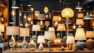A photograph of a beautifully arranged display of various stylish lamps in a madison