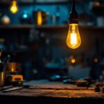 A photograph of a vintage light bulb glowing softly in a dimly lit workshop
