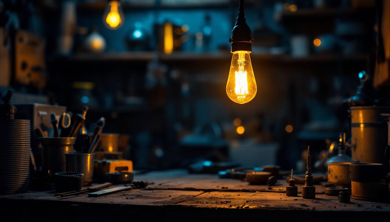 A photograph of a vintage light bulb glowing softly in a dimly lit workshop
