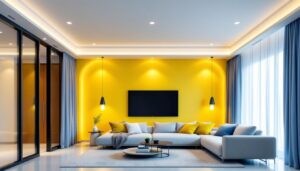 A photograph of a modern living space featuring stylish recessed lighting