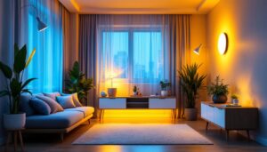 A photograph of a well-lit small room featuring various led lighting options