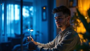 A photograph of a lighting contractor installing an automatic lamp in a residential or commercial setting