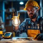 A photograph of a lighting contractor expertly installing or showcasing a t12 light bulb in a well-lit environment