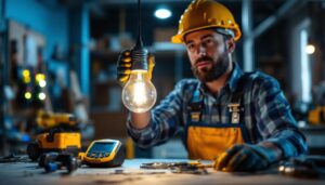 A photograph of a lighting contractor expertly installing or showcasing a t12 light bulb in a well-lit environment