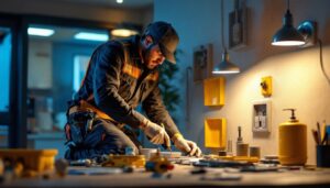 A photograph of a lighting contractor installing or inspecting various types of indoor electrical box covers in a well-lit