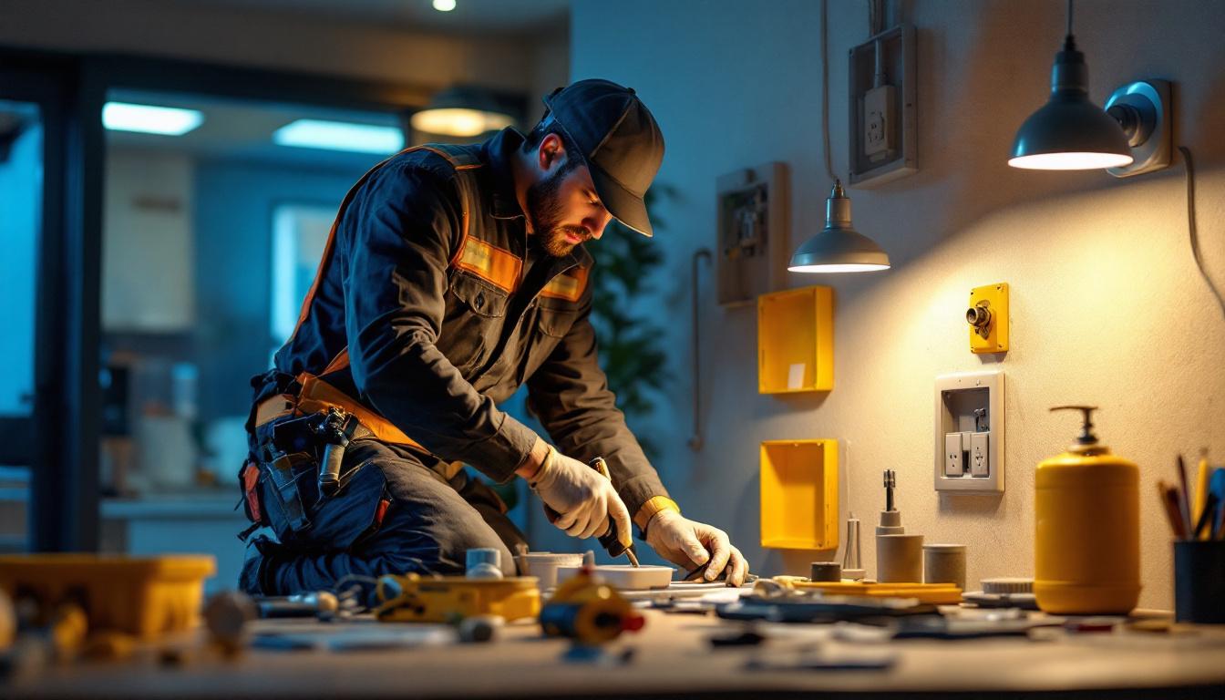 A photograph of a lighting contractor installing or inspecting various types of indoor electrical box covers in a well-lit