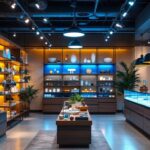 A photograph of a well-lit outlet store interior showcasing a variety of stylish lighting solutions in action