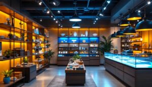 A photograph of a well-lit outlet store interior showcasing a variety of stylish lighting solutions in action