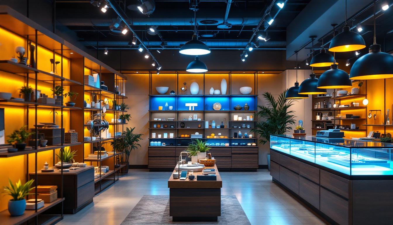 A photograph of a well-lit outlet store interior showcasing a variety of stylish lighting solutions in action