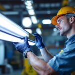 A photograph of a lighting contractor installing or adjusting a long fluorescent light fixture in a commercial or industrial setting