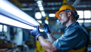 A photograph of a lighting contractor installing or adjusting a long fluorescent light fixture in a commercial or industrial setting