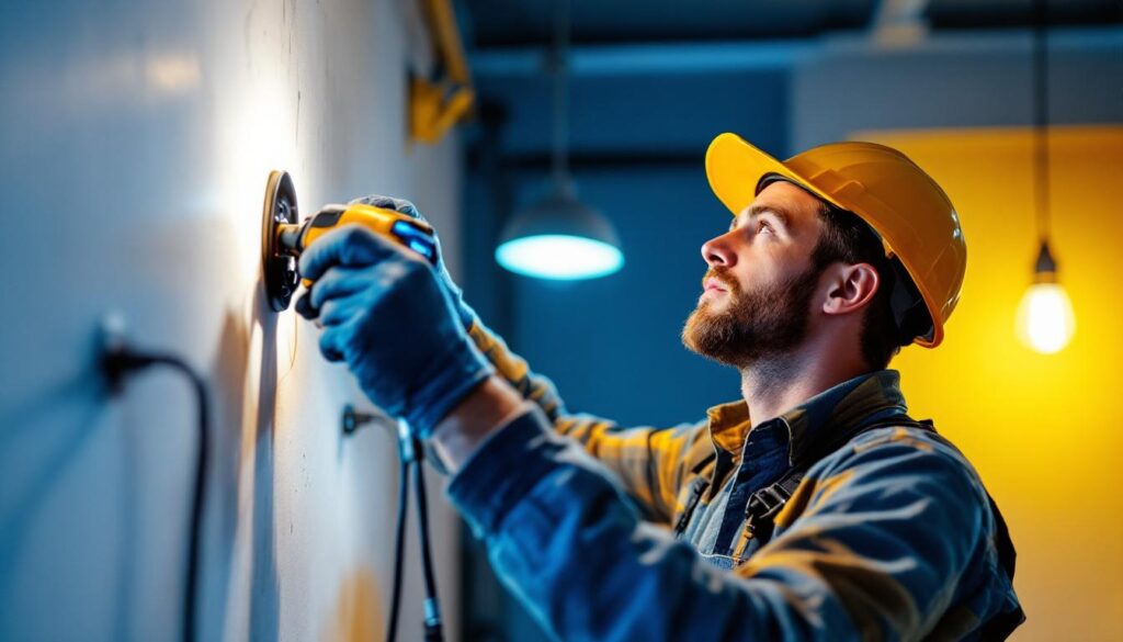 A photograph of a skilled electrician using innovative electric tools while installing modern lighting fixtures in a contemporary space