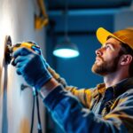 A photograph of a skilled electrician using innovative electric tools while installing modern lighting fixtures in a contemporary space