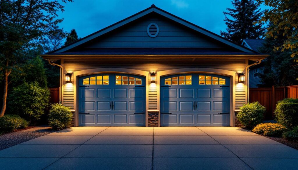 A photograph of a well-lit outdoor garage showcasing various styles of outdoor lighting fixtures