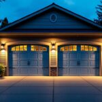 A photograph of a well-lit outdoor garage showcasing various styles of outdoor lighting fixtures