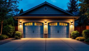 A photograph of a well-lit outdoor garage showcasing various styles of outdoor lighting fixtures