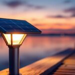A photograph of a beautifully illuminated solar pier light installed on a dock at dusk