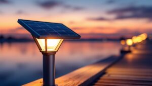 A photograph of a beautifully illuminated solar pier light installed on a dock at dusk