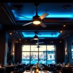 A photograph of a stylish restaurant interior featuring elegant ceiling fans and ambient lighting