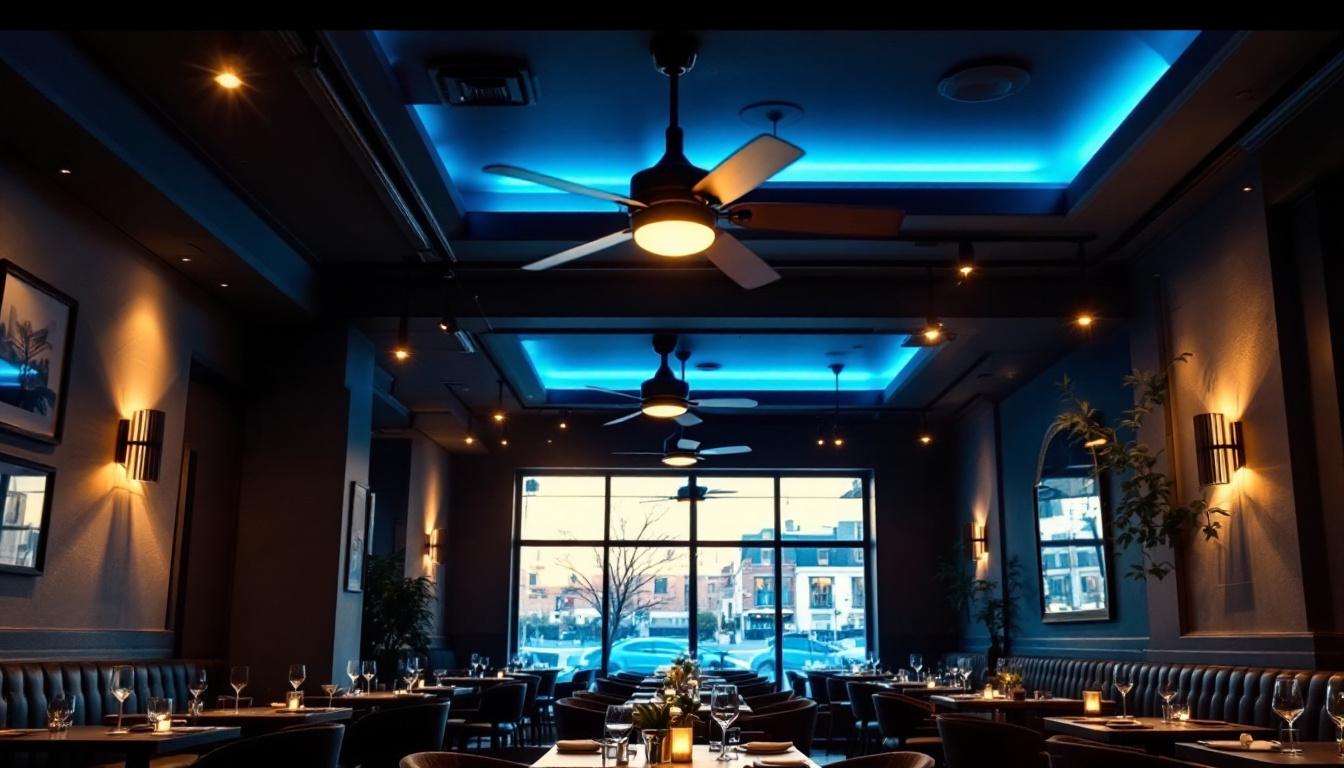 A photograph of a stylish restaurant interior featuring elegant ceiling fans and ambient lighting