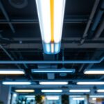 A photograph of a well-lit commercial space featuring ceiling fluorescent lights