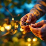 A photograph of a close-up shot of hands expertly connecting landscape lighting wires with wire nuts in a beautifully illuminated outdoor setting