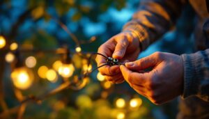 A photograph of a close-up shot of hands expertly connecting landscape lighting wires with wire nuts in a beautifully illuminated outdoor setting