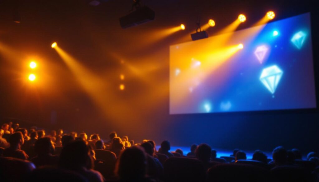 A photograph of a well-lit cinema setting