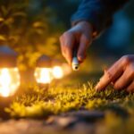 A photograph of a skilled lighting contractor expertly connecting landscape light connectors in a beautifully illuminated outdoor setting