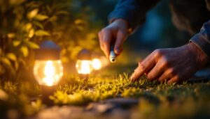A photograph of a skilled lighting contractor expertly connecting landscape light connectors in a beautifully illuminated outdoor setting