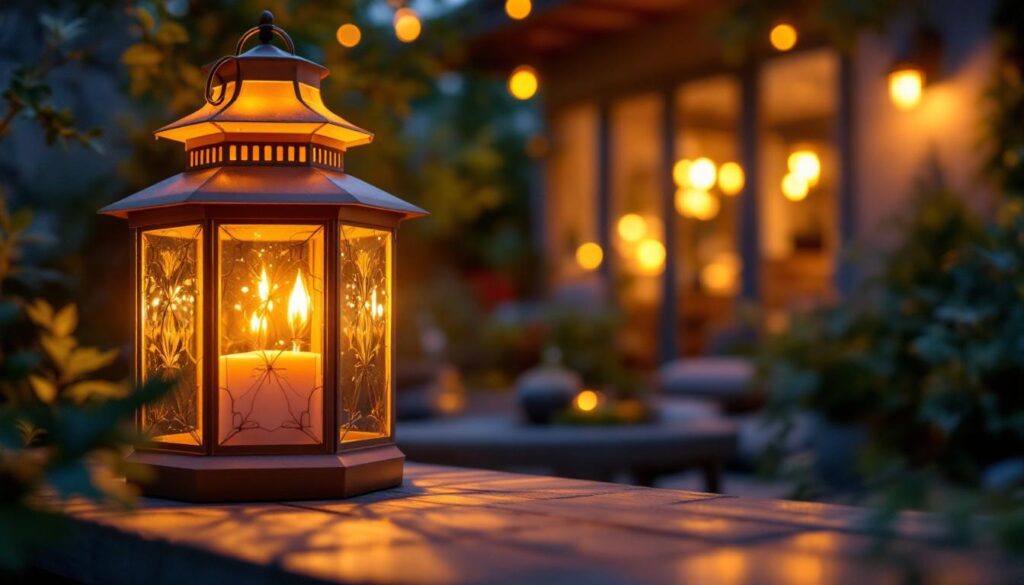 A photograph of a beautifully designed outdoor lantern illuminating a cozy patio setting at dusk
