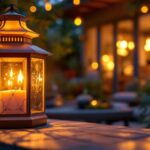 A photograph of a beautifully designed outdoor lantern illuminating a cozy patio setting at dusk