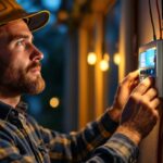 A photograph of a lighting contractor installing an electric timer for lights in a residential setting