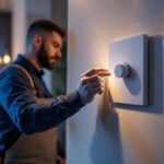 A photograph of a lighting contractor skillfully installing a modern dimmer switch in a stylish home setting