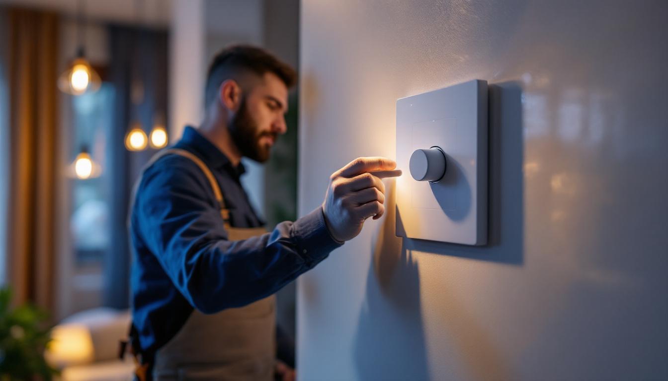 A photograph of a lighting contractor skillfully installing a modern dimmer switch in a stylish home setting