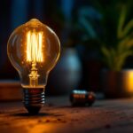 A photograph of a vintage light bulb glowing warmly in a dimly lit room