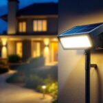 A photograph of a well-lit outdoor area showcasing an led solar security light in action