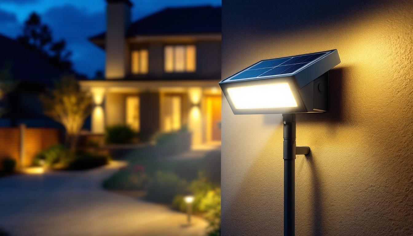 A photograph of a well-lit outdoor area showcasing an led solar security light in action