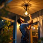A photograph of a skilled lighting contractor installing an elegant exterior ceiling lamp on a stylish porch or patio