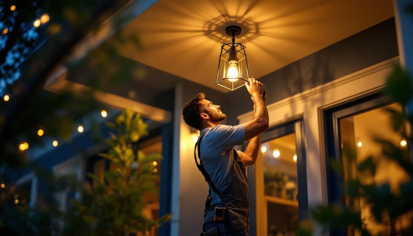 A photograph of a skilled lighting contractor installing an elegant exterior ceiling lamp on a stylish porch or patio