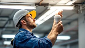A photograph of a professional electrician installing led replacement bulbs in a commercial lighting fixture