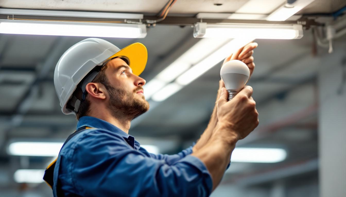 A photograph of a professional electrician installing led replacement bulbs in a commercial lighting fixture